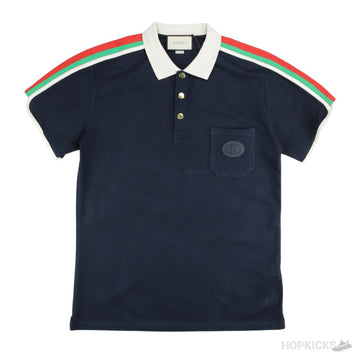 Gucii Blue Cotton Jersey Polo Shirt With Web (Dot Perfect)