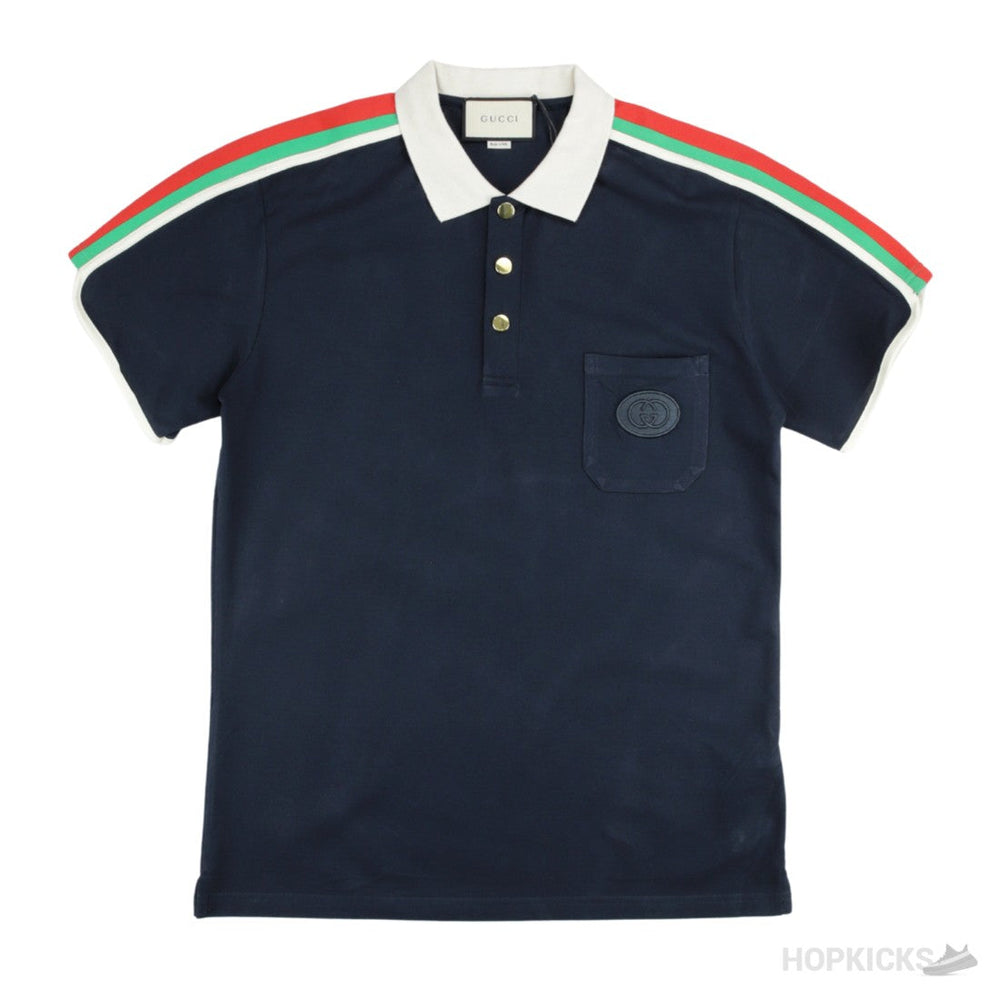 Gucii Blue Cotton Jersey Polo Shirt With Web (Dot Perfect)