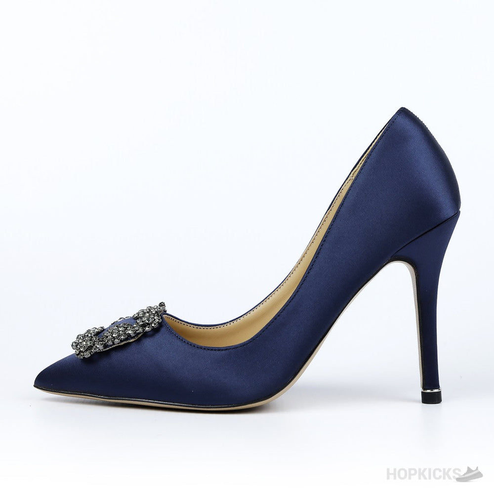 Manolo Blahnik Navy Blue Satin Hangisi Pumps (Dot Perfect)