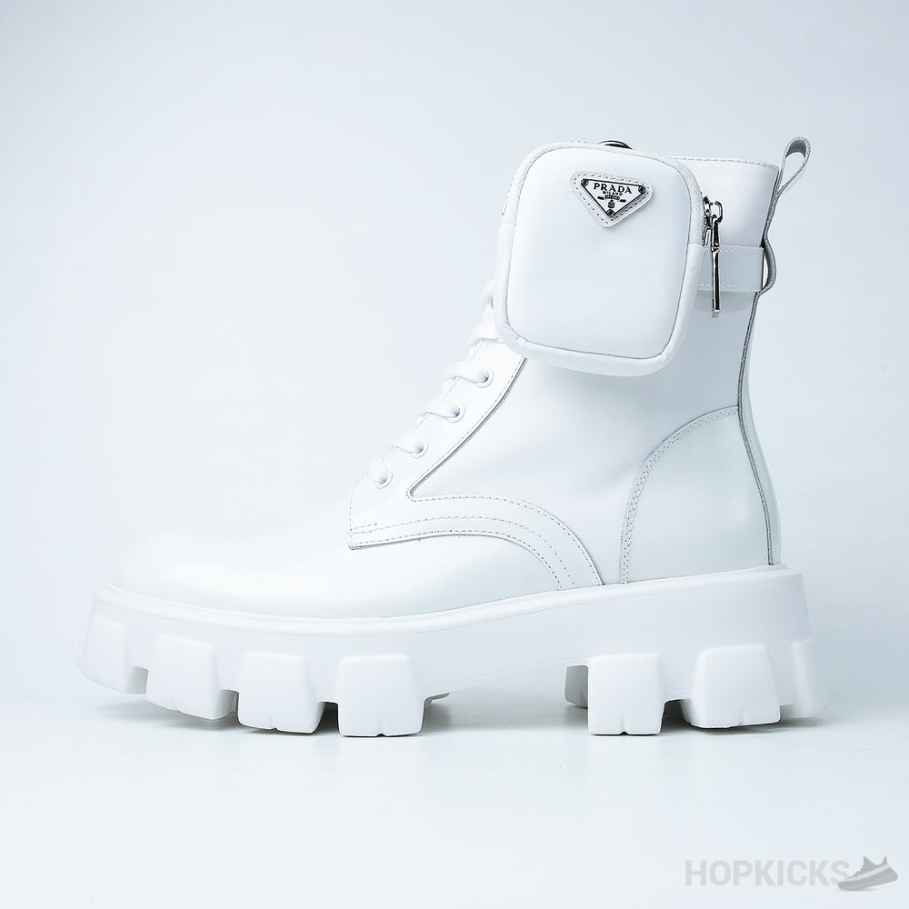 Prada Monolith Brushed Leather Nylon Boots (Dot Perfect)
