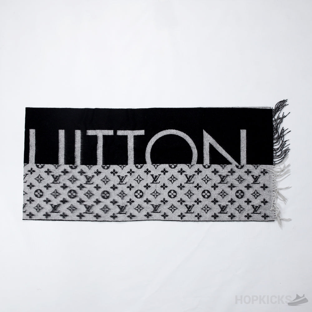 Louis Vuitton Black Grey Cashmere Silk Monogram Split Logo Scarf