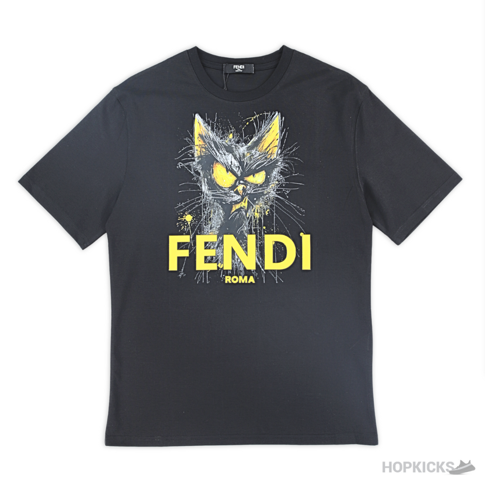 Fendi Angry Cat Printed Black T-Shirt (Imported Premium Finish)