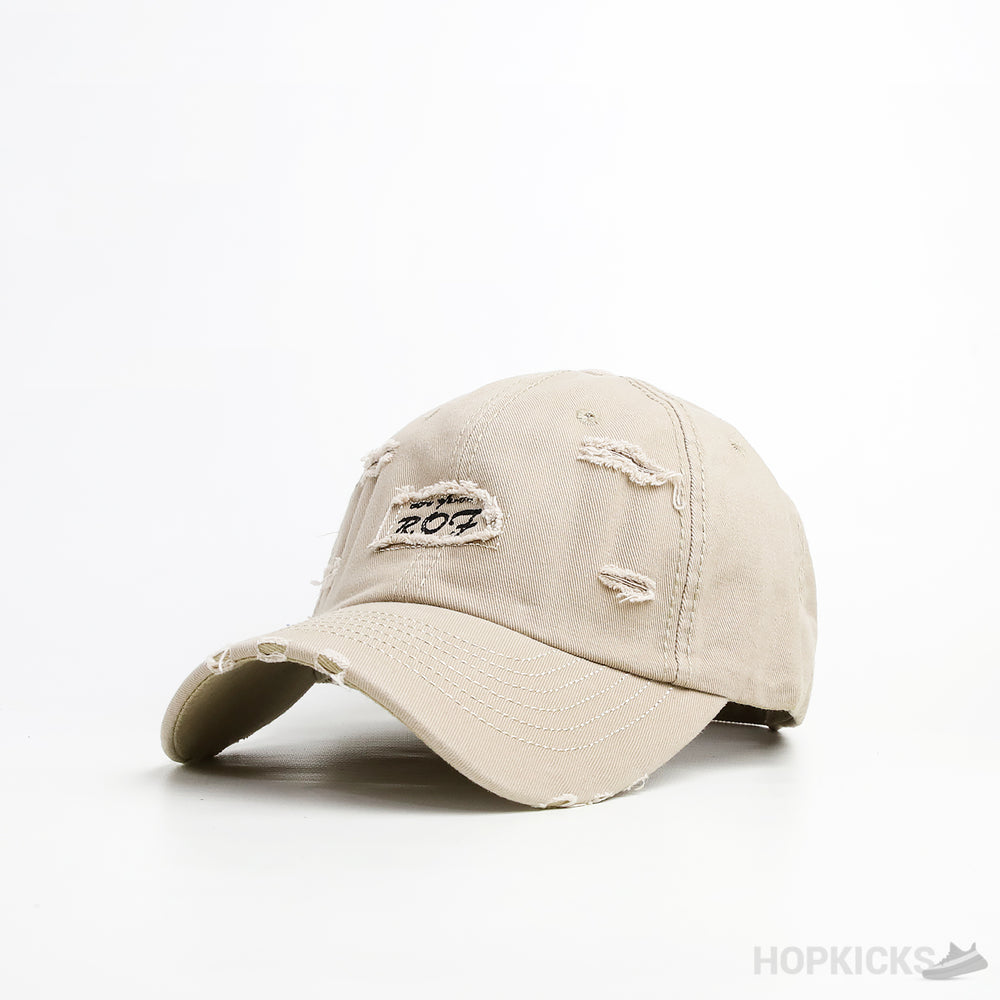 Stitch Detail Ripped Baseball Cap Beige