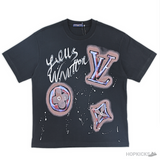LV Logo, Flower & Star Printed Black T-Shirt (Imported Premium Finish) - Photo 1