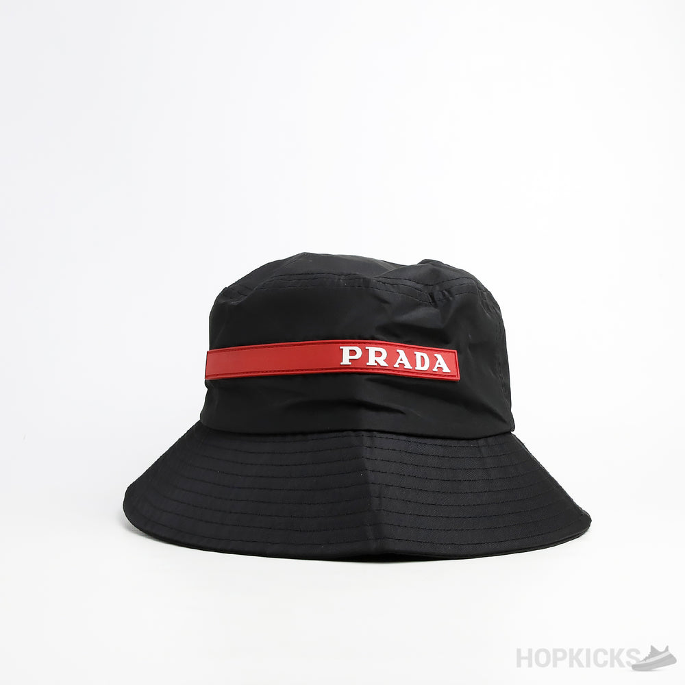 Prada Red Striped Logo Nylon Bucket Black Hat