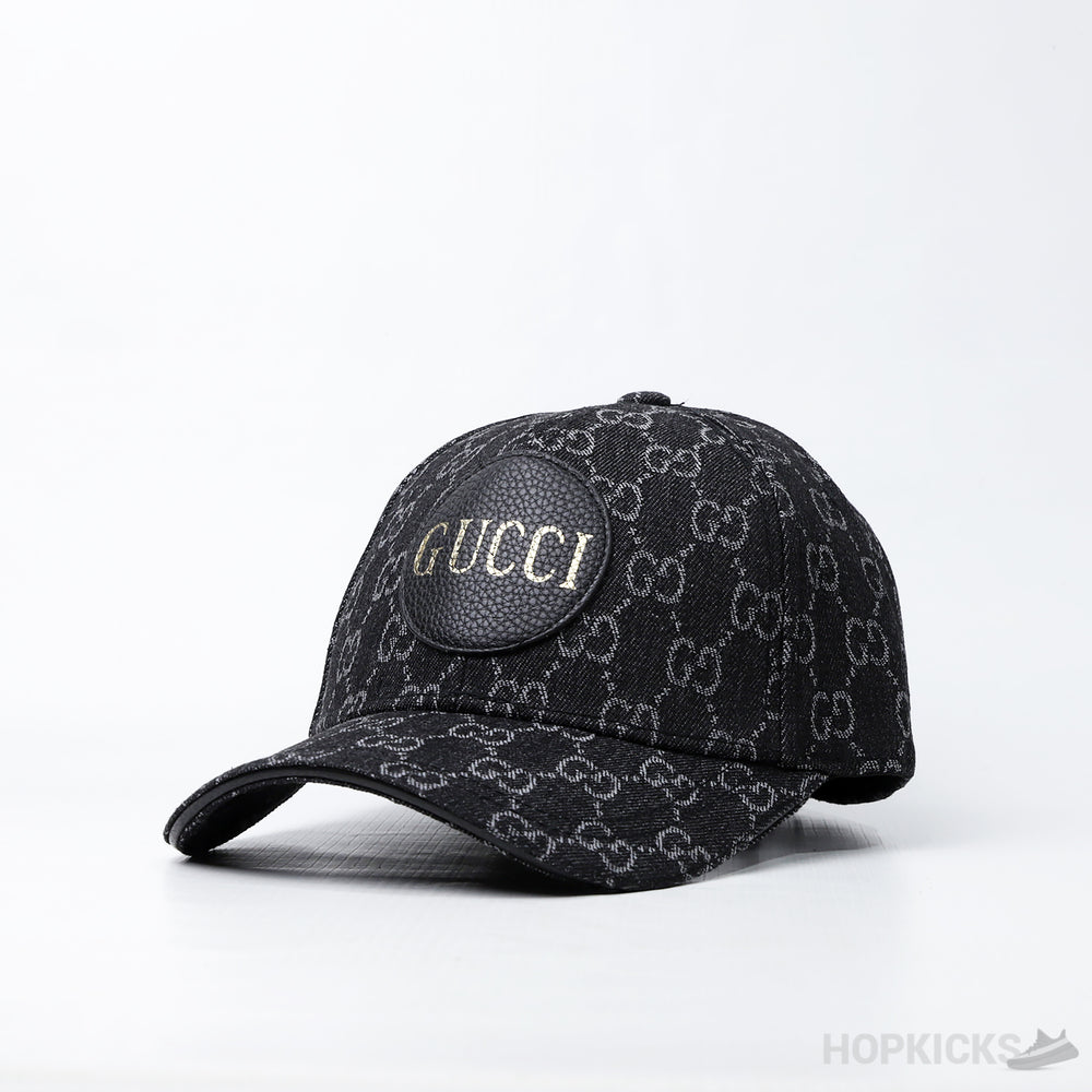 Gucci Gold Logo Pattern Grey Leather Cap