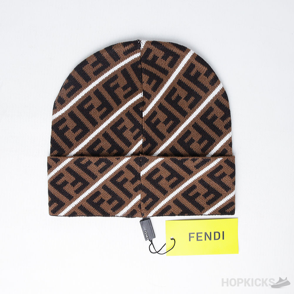Fendi Ff Logo Beanie in Brown with White Stripe