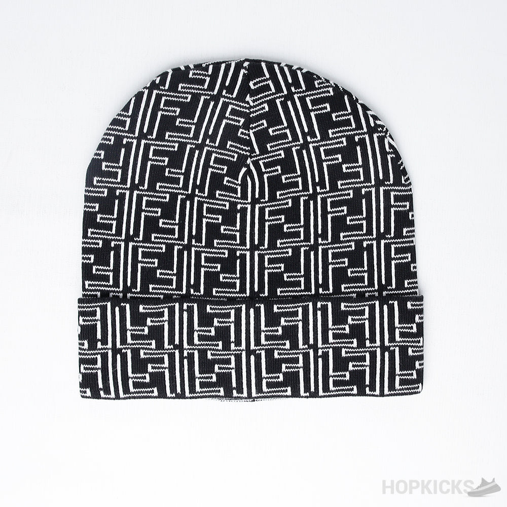 Fendi Ff Print Nero Biano Knitted Wool Beanie