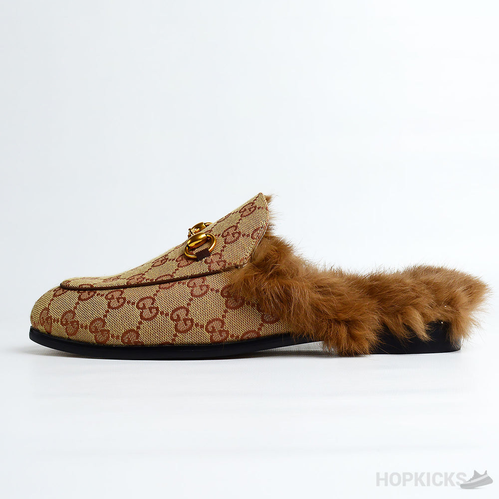 Gucci Princetown Beige GG Canvas Fur Mules