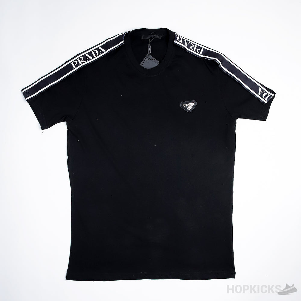 Prada Triangle Logo With Shoulder Stripes Black T-Shirt