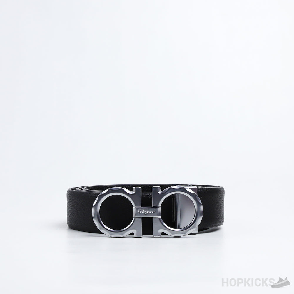 F*rragamo Engraved Buckle Silver Black Belt