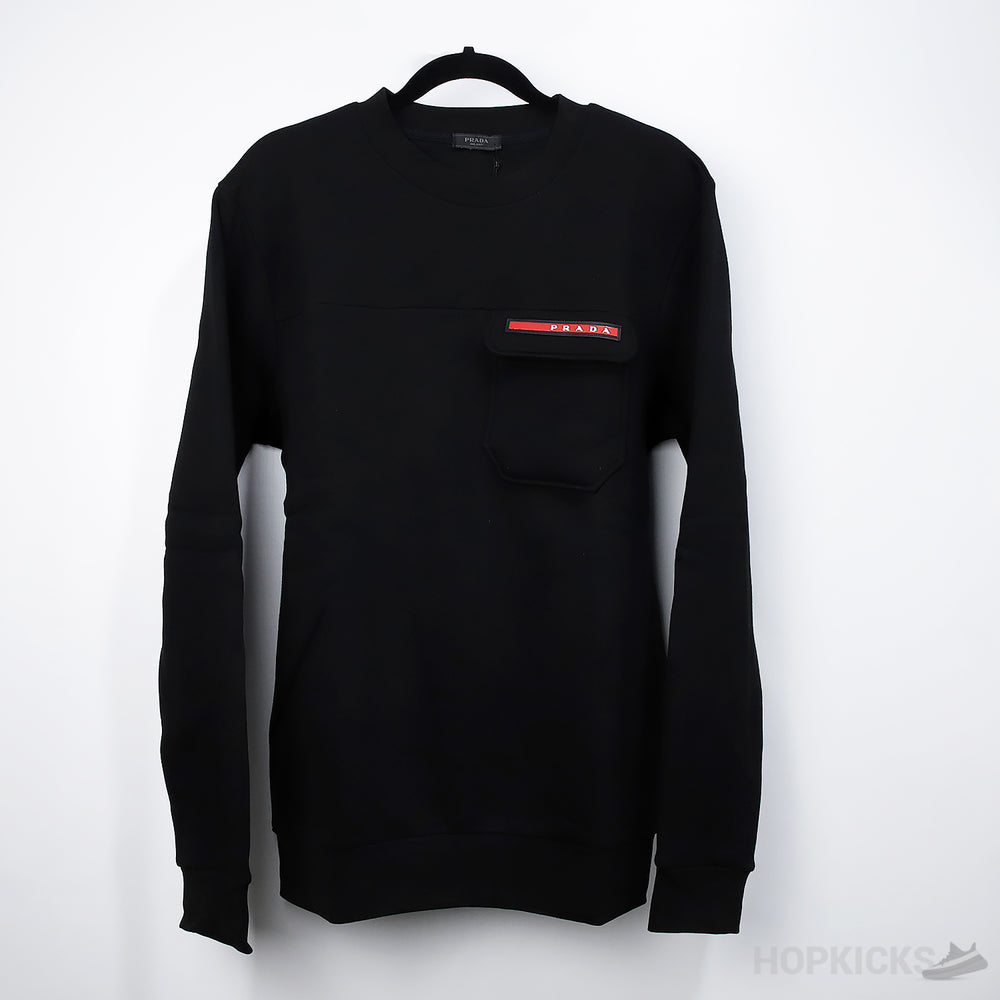 Prada Red Logo Patch Pocket Black Sweatshirt
