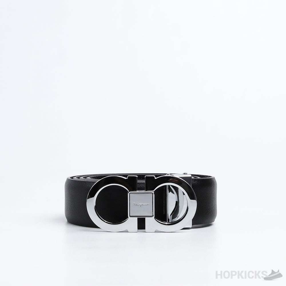 F*rragamo Gancini Silver Logo Buckle Black Leather Belt