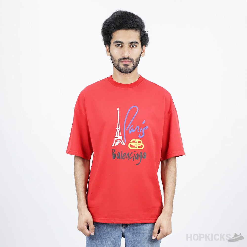 Balenciaga Paris Print Logo Red T-Shirt
