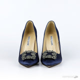 Manolo Blahnik Navy Blue Satin Hangisi Pumps (Dot Perfect) - Photo 8