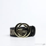 GG Signature Striped Black Gold Buckle Belt - Photo 1