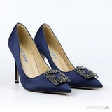 Manolo Blahnik Navy Blue Satin Hangisi Pumps (Dot Perfect) - Photo 9