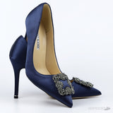 Manolo Blahnik Navy Blue Satin Hangisi Pumps (Dot Perfect) - Photo 11