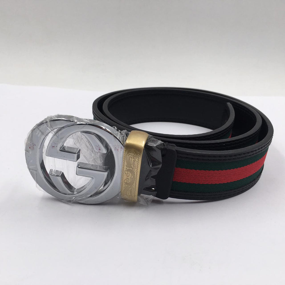 GG Signature Striped Silver Buckle Belt
